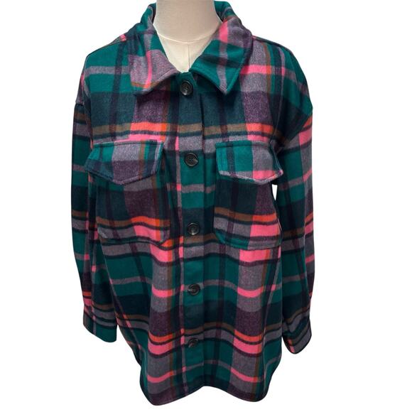 Avec Les‎ Filles Womens 1X Plaid Shacket Green Pink Bright Fall Cozy Soft - Picture 1 of 16